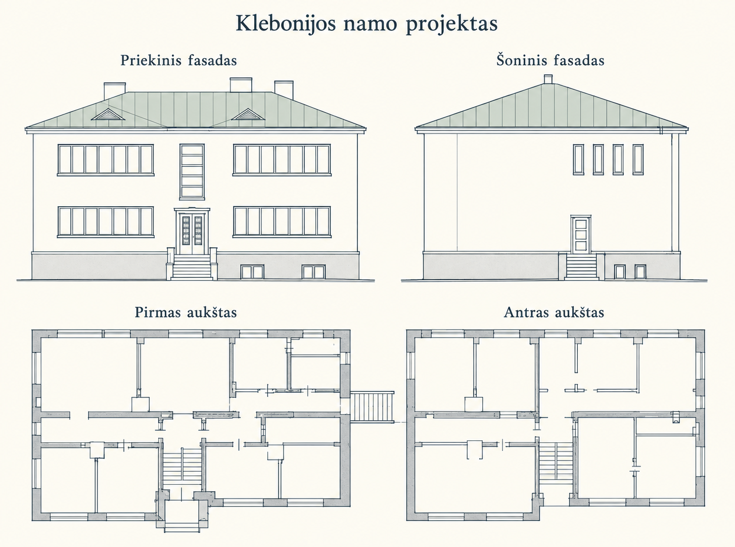 Klebonijos namo fasadų ir aukštų planų eskizas