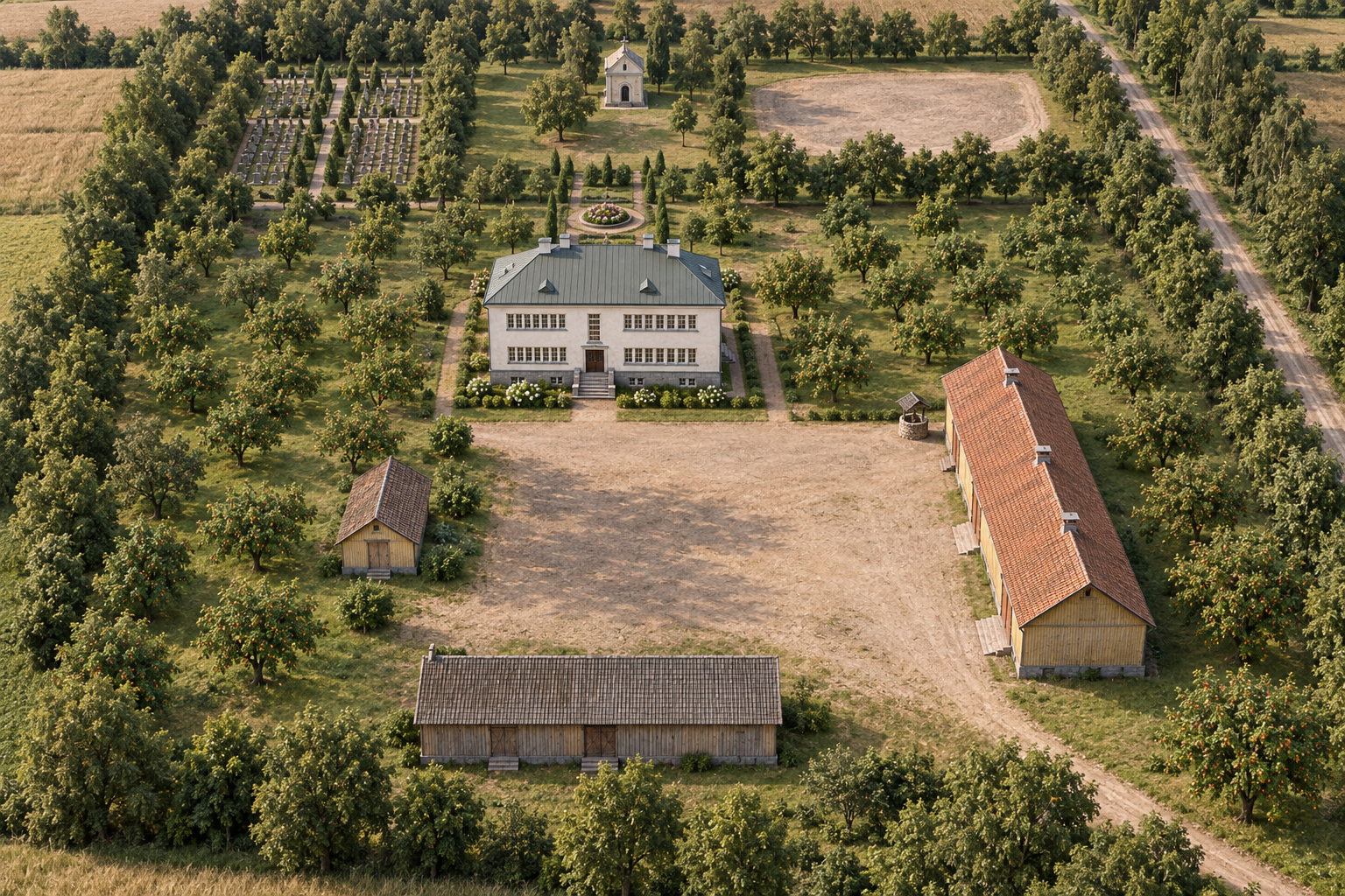 Šaravų klebonijos sodybos vaizdas iš viršaus